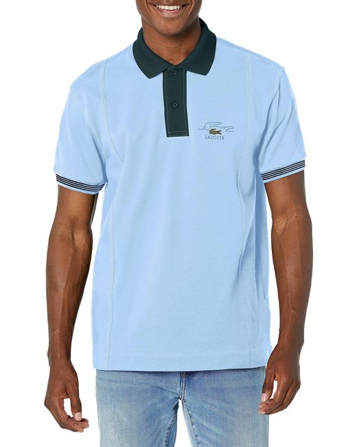 Lacoste Blue Contemporary Collection's Short Sleeve Classic Fit Color Blocked Polo Shirt for men