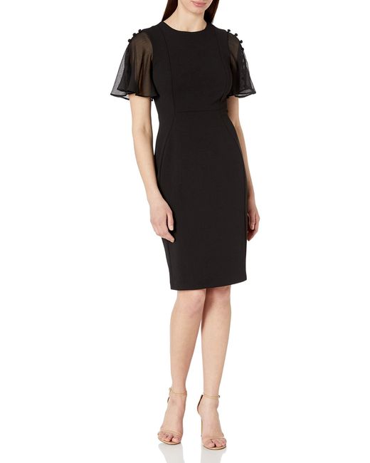 Calvin Klein Button Chiffon Flutter Sleeve Sheath Dress in Black - Lyst