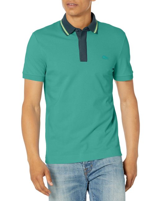 Lacoste Green Short Sleeve Regular Fit Striped Neck Polo Shirt for men