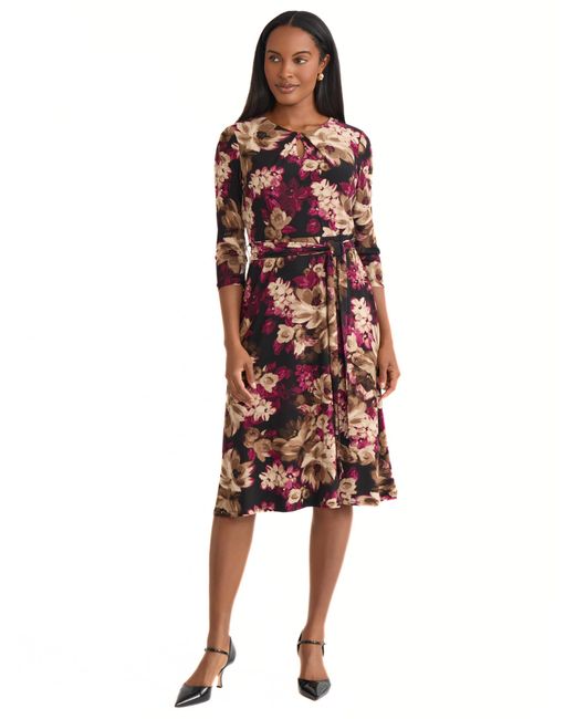 Kasper Women's Red 3/4 Sleeve Floral Printed Belted Jersey Dress Kasper ドレス3/4 Sleeve Floral Printed Belted Jersey Dressレディース