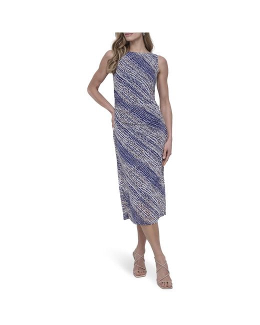 DKNY Blue Sleeveless Jewel Neck Side Ruching Midi Dress
