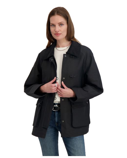 Tahari Black Cotton Blend Barn Jacket With Snap Closure