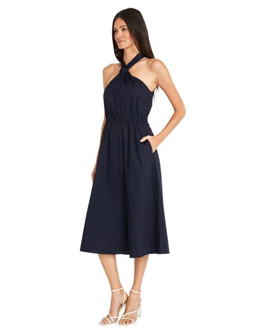 Maggy London Blue Halter Neck With Circle Trim Detail Cotton Poplin Dress Party Occasion Date Guest Of
