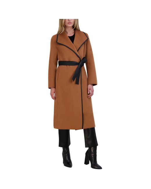 Tahari Brown Double-faced Luxury Soft Wool Blend Long Line Wrap Coat