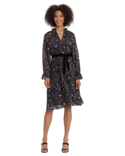 Maggy London Black Shirred Neck Hem Flounce Dress