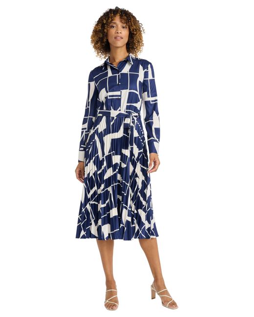 Maggy London Blue Pleated Midi Shirt Dress