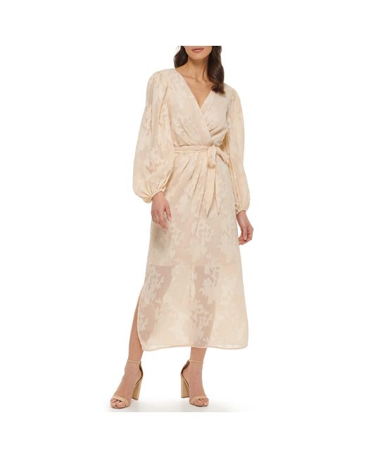 Kensie Natural Balloon Sleeve Tie Waist Midi Dress