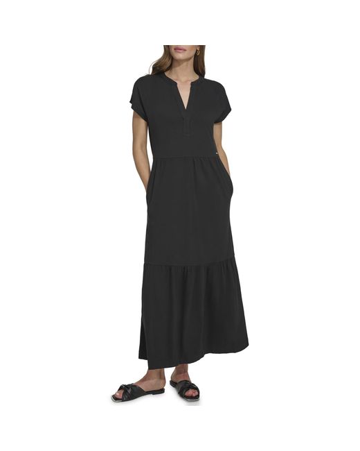 DKNY Black Casual Notch Neck Cap Sleeve Dress