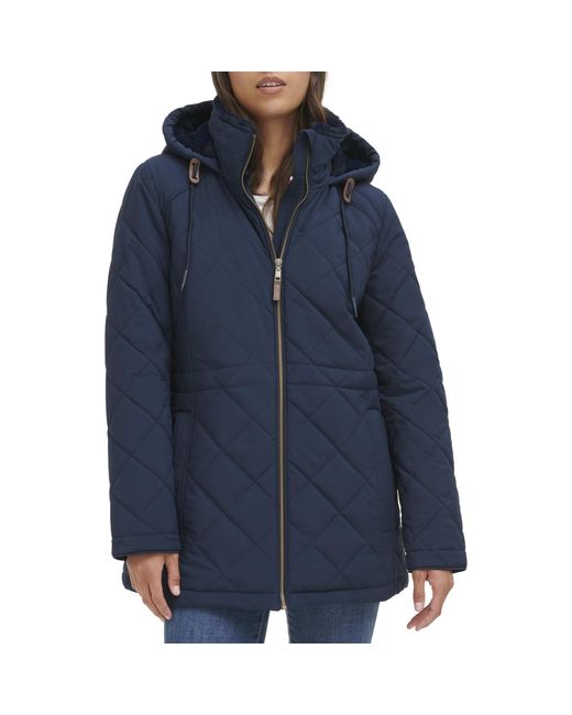 Tommy Hilfiger Blue Hooded Diamond Adjustable Waist Quilted Coat