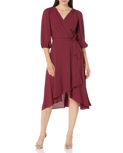 DKNY Chiffon Long Sleeve Faux Wrap Dress in Red | Lyst