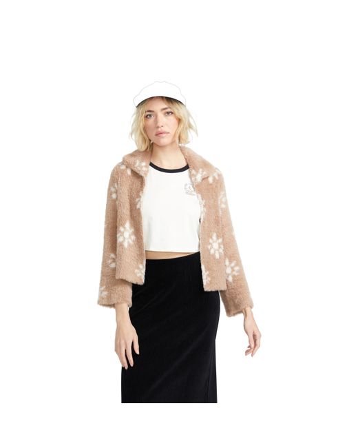 Volcom Women's White Go Faux Fur Cropped Fit Sweater Jacket