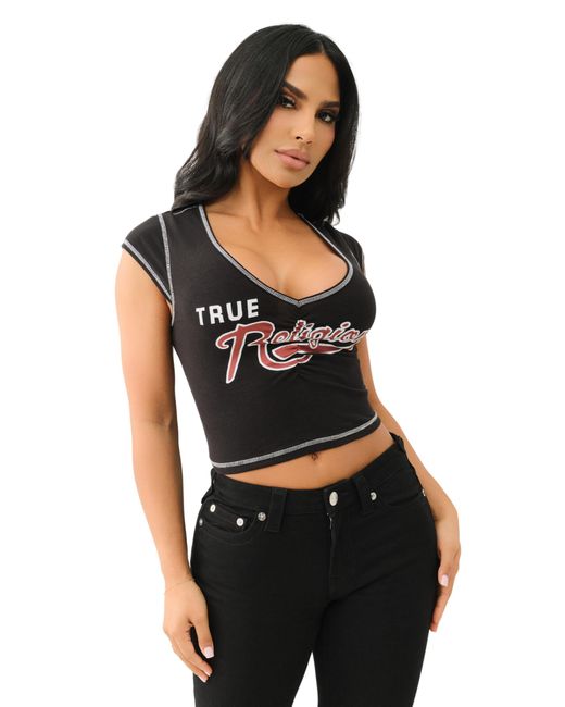 True Religion Tr Ruching Cap Sleeves Top | Fitted Short Sleeve Shirt- Xxl Jet Black