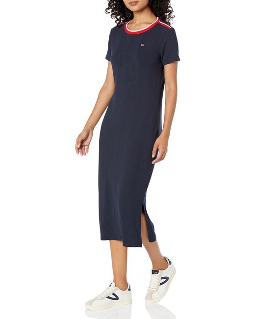 Tommy Hilfiger Midi Short-sleeved Dresses With Chic Stripe Detailing Down  The Side in Blue | Lyst