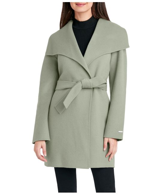 tahari women's wool wrap coat with tie belt
