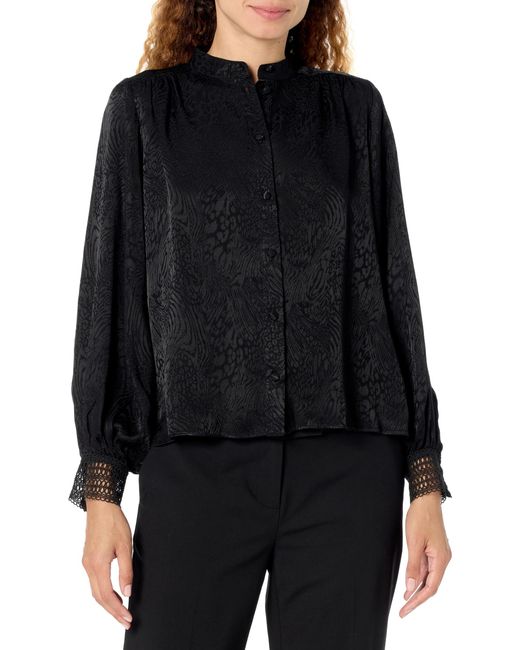 Shoshanna Black Compass Leopard Satin Jacquard Button Down Top