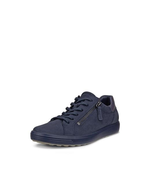 Ecco Blue Soft 7 Side Zip Lace Sneakers Shoes Marine Nubuck/Greystone Metallic, Leather