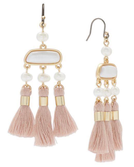 Lucky Brand Natural Statement Pearl And Fringe Drop Earring