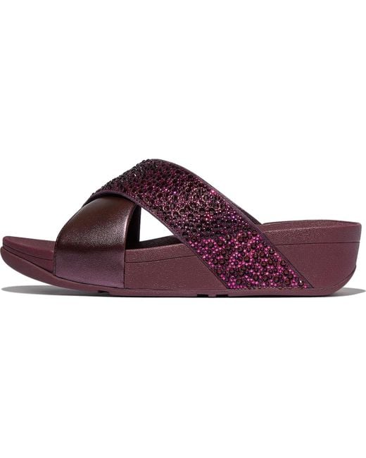 Fitflop Purple Lulu Crystal-mix Cross Slides Wedge Sandal