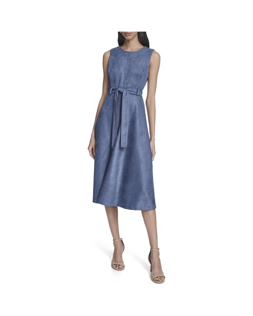 Calvin Klein Women's Blue Sleeveless A-line Belted Midi Dress