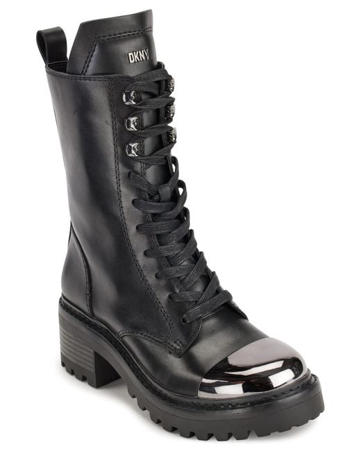 DKNY Black Leather Smooth Metal-cap-toe Boot Combat
