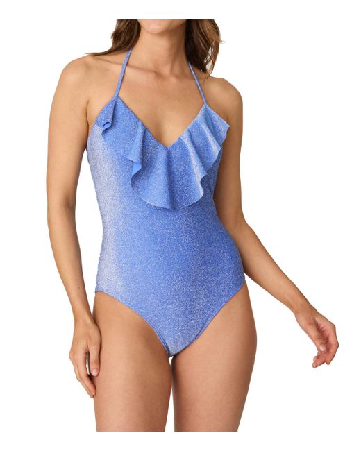 Shoshanna Standard Blueberry Shimmer Ruffle Maillot One Piece