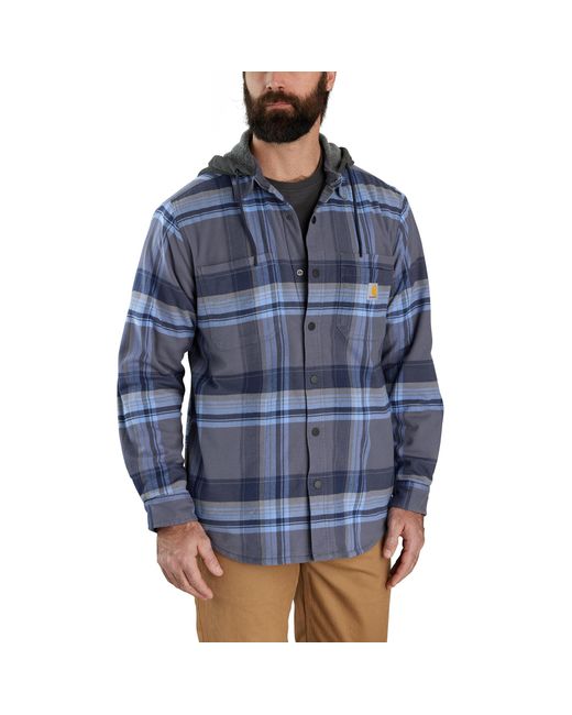 Carhartt Blue Rugged Flex Relaxed Fit Flannel Fleece Lined Hooded Shirt Jac for men