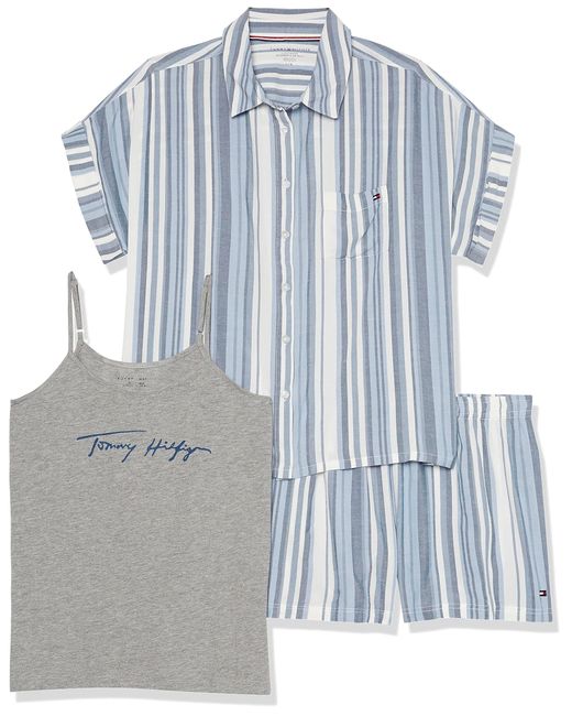 Tommy Hilfiger Blue 3-piece Tank And Nocha Collar Short Pajama Set Pj