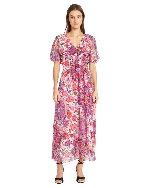 Donna Morgan Pink V-neck Spaghetti Tie Detail Short Puff Raglan Sleeve Summer Dresses For