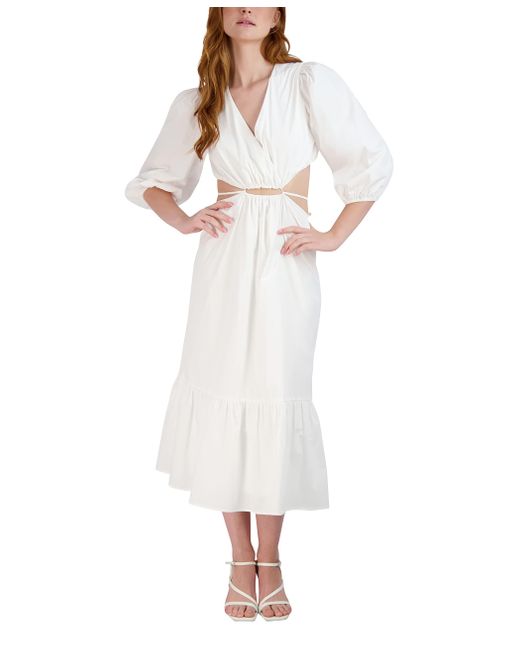BCBGeneration White Fit And Flare Midi Dress 3/4 Sleeve Surplice Neck Cut Out Waist Tie Detail