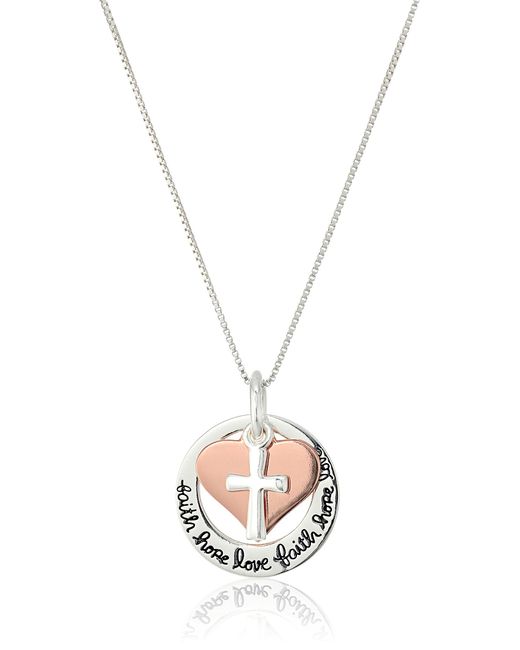 Amazon Essentials White Two-tone Sterling Silver And Rose Gold-flashed "faith Hope Love" Cross Charm Pendant Necklace