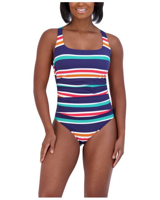 Nautica Blue Standard One Piece Swimsuit Crossback Tummy Control Quick Dry Removable Cup Adjustable Strap Bathing Suit
