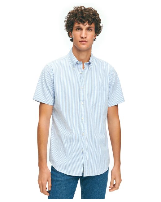 Brooks Brothers White Washed Cotton Seersucker Button-down Collar, Stripe Short-sleeve Sport Shirt for men