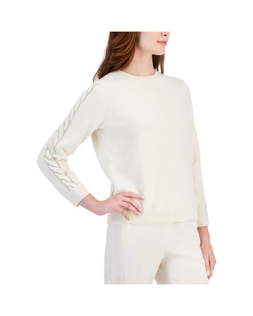 Anne Klein White Embellished Knit Crewneck Sweater