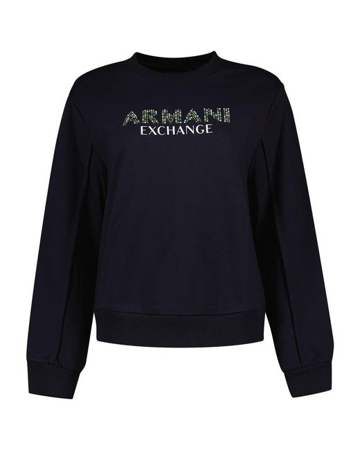 Emporio Armani Blue A | X Armani Exchange Rhinestone Logo Crewneck Pullover Sweatshirt