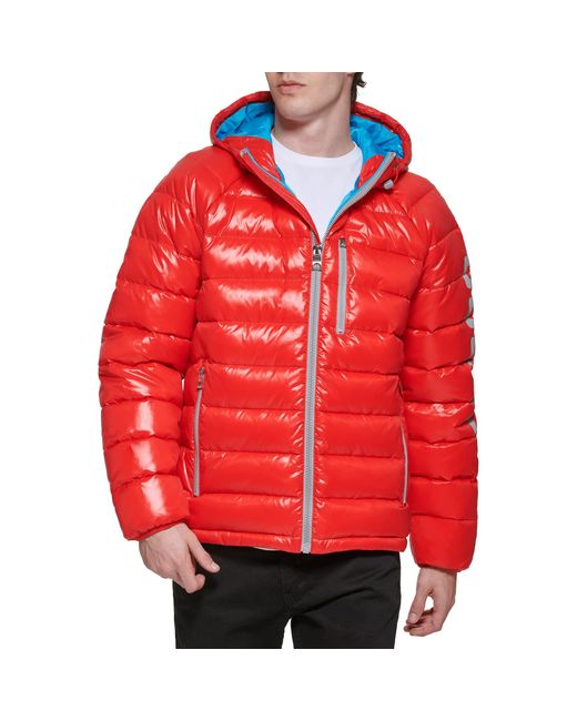 Guess Red Long Sleeve Midweight Hooded Puffer for men
