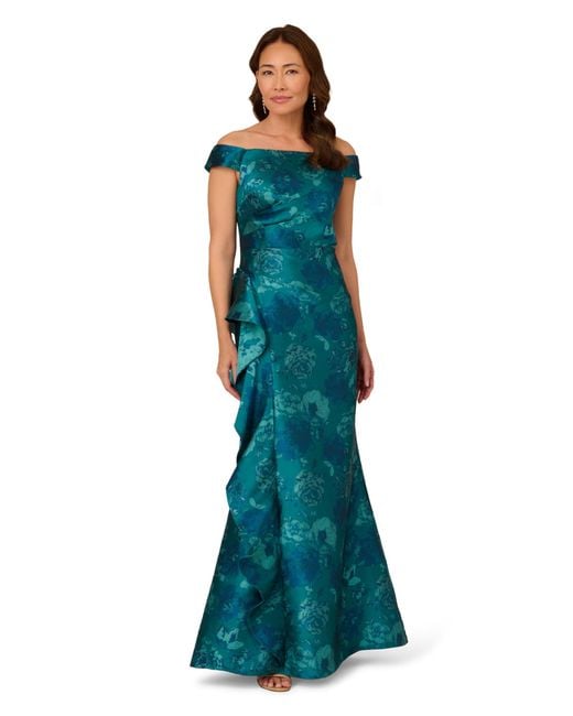 Adrianna Papell Blue Ruffle Jacquard Mermaid Gown