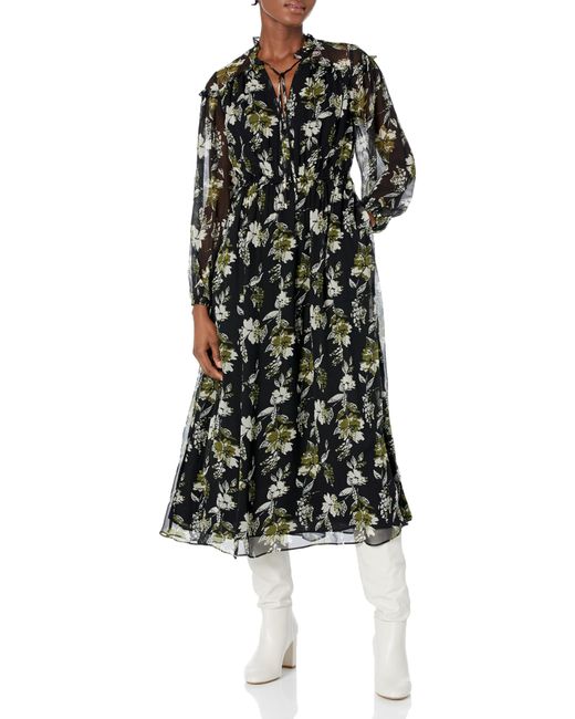 Shoshanna Black Arya Leaf Floral Print Long Sleeve Midi Dress