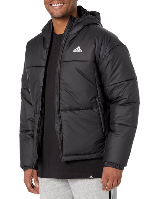 adidas Bsc 3-stripes Puffy Hooded Jacket in Black for Men | Lyst