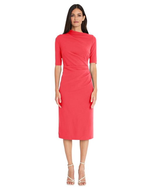 Maggy London Red Side Pleat Dress With Asymmetric Neck And Elbow Sleeves
