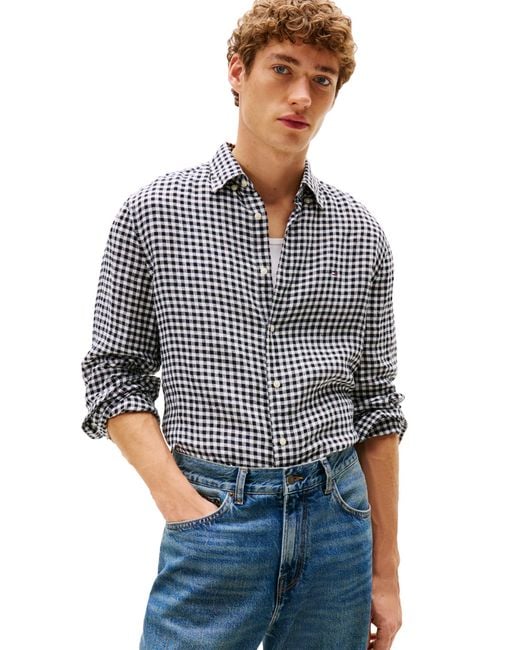Tommy Hilfiger Blue Linen Gingham Regular Long Sleeve Shirts for men
