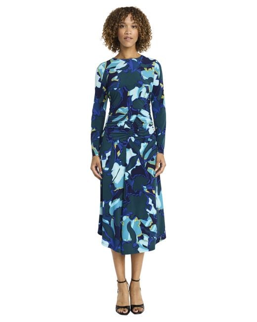 Maggy London Blue Ruched Waist Crew Neck Long Sleeve Asymmetrical Hem-elegant Midi Length-wedding Guest Dress