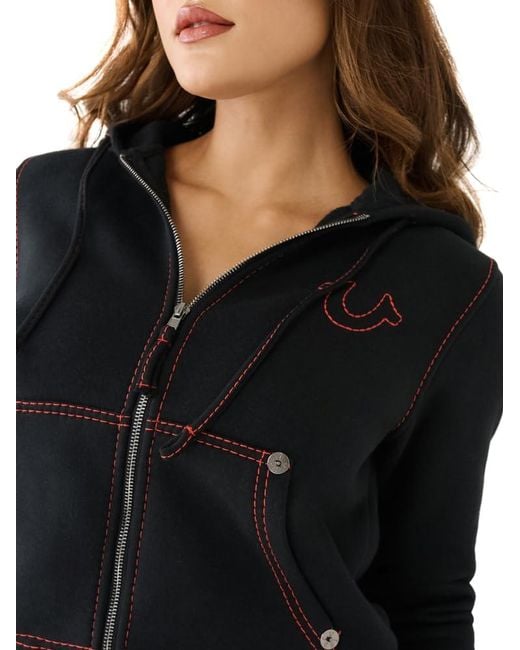 True Religion Black Big T Stitch Logo Zip Hoodie
