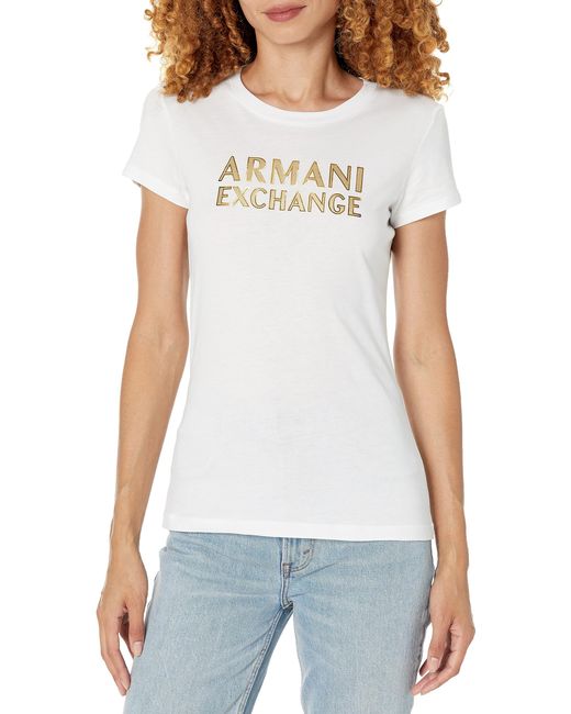 Emporio Armani White A | X Armani Exchange Cotton Jersey Metallic Logo Fitted Tee