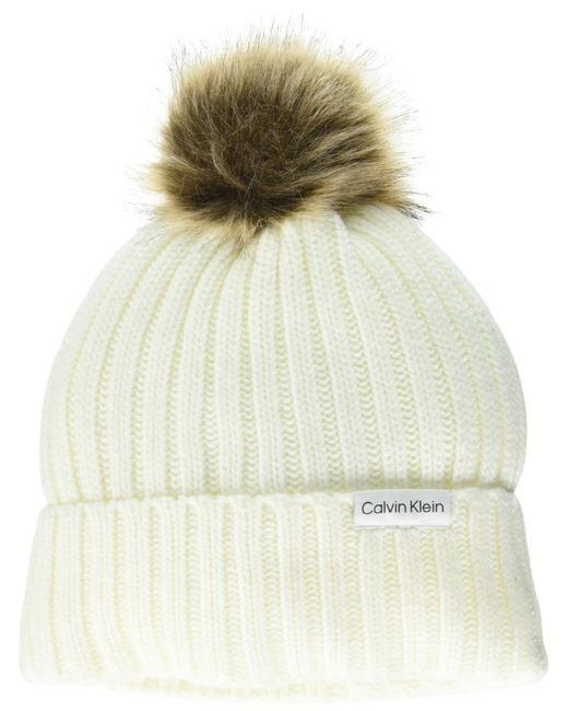 Calvin Klein Natural Warm Fleece Lined Faux Fur Pom Hat