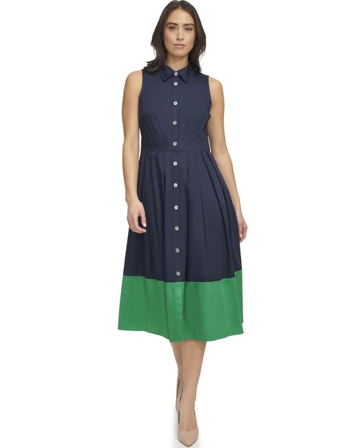 Tommy Hilfiger Blue Cotton Sateen Fabric Sleeveless Midi Shirt Dress