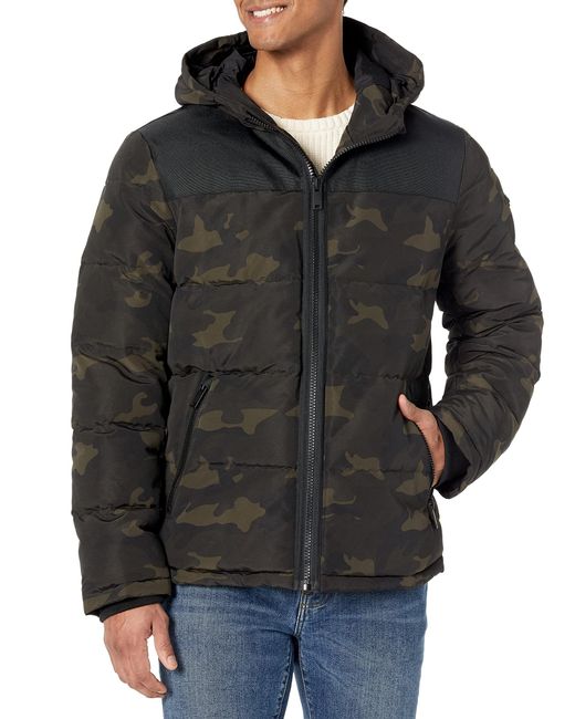 DKNY Black Shawn Quilted Mixed Media Hooded Puffer Jacket for men