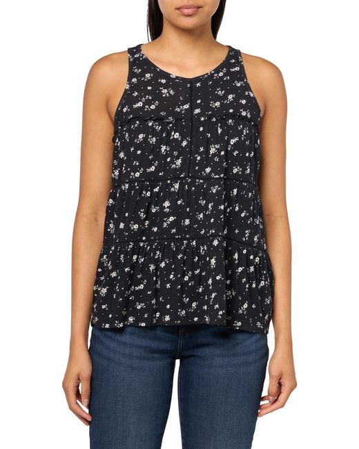 Lucky Brand Blue Lace Ruffle High Neck Tiered Tunic Black Multi