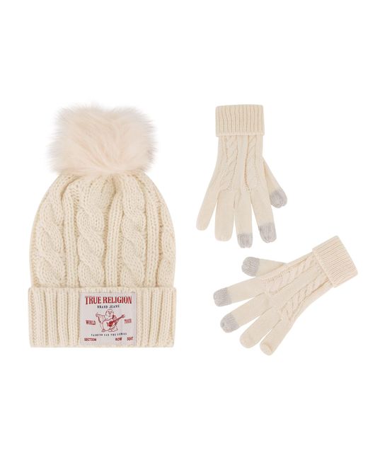 True Religion Natural Beanie Hat And Touchscreen Glove Set