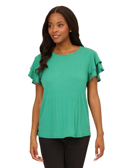 Adrianna Papell Green Pleated Knit Double Sleeve Top