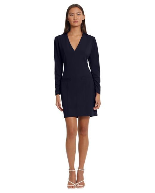 Donna Morgan Blue Long Sleeve V-neck Midi Dress With Faux Pockets